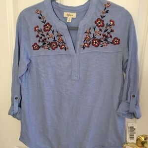 NWT Style & Co. Cotton Chambray Embroidered Top SP